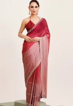 Embellished Chiffon Saree in Shaded Maroon and Old Rose