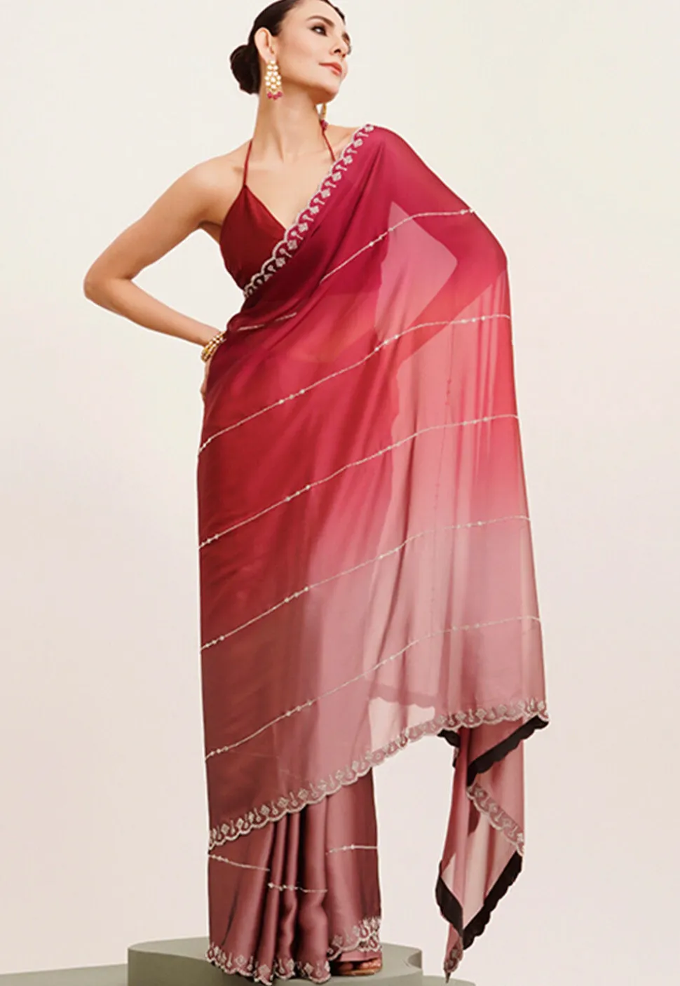 Embellished Chiffon Saree in Shaded Maroon and Old Rose