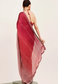 Embellished Chiffon Saree in Shaded Maroon and Old Rose