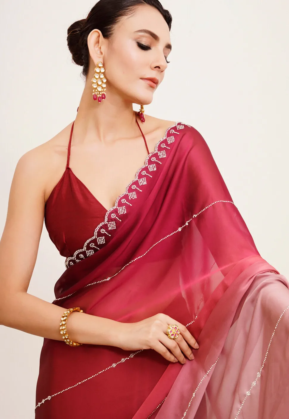 Embellished Chiffon Saree in Shaded Maroon and Old Rose