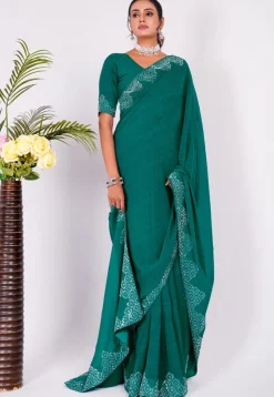 Embellished Chiffon Saree in Teal Blue