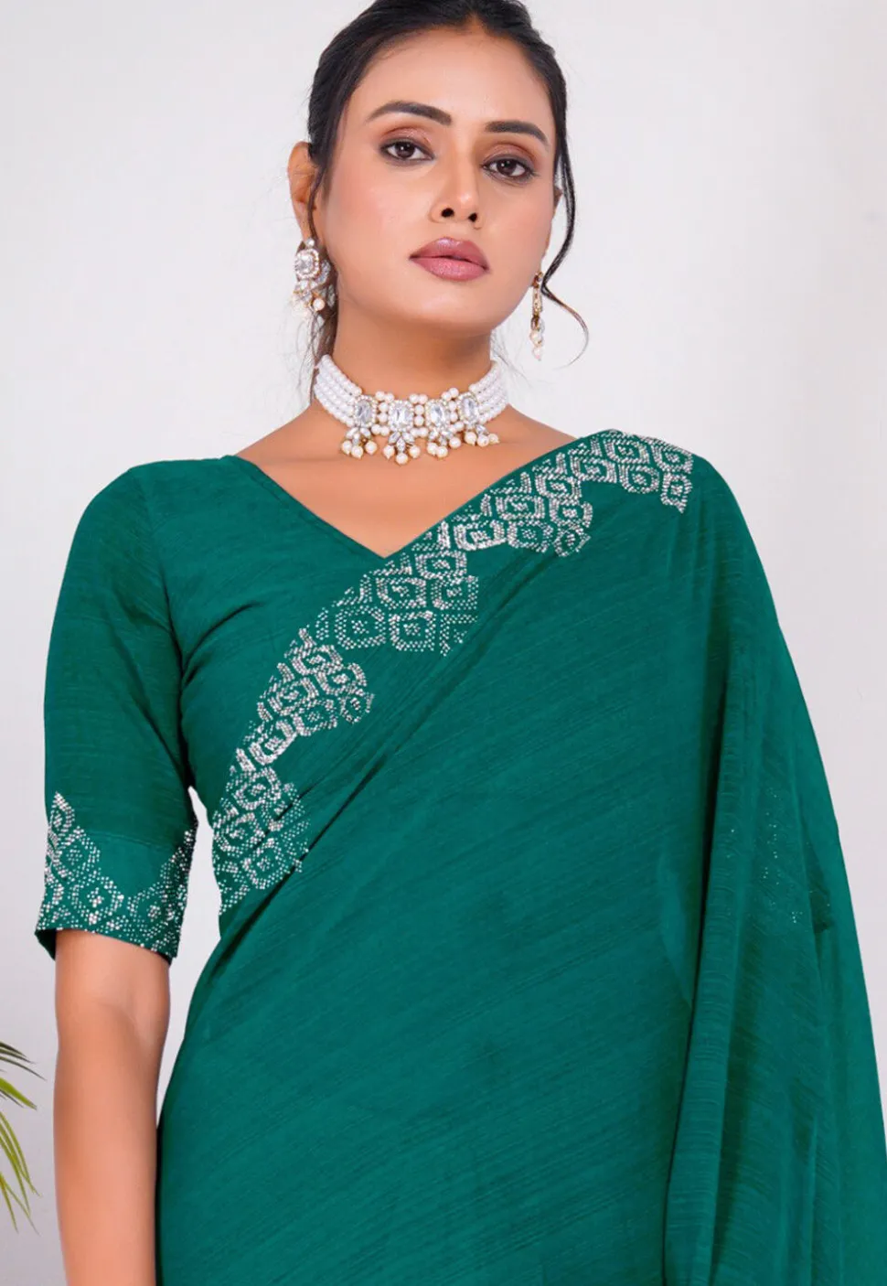 Embellished Chiffon Saree in Teal Blue