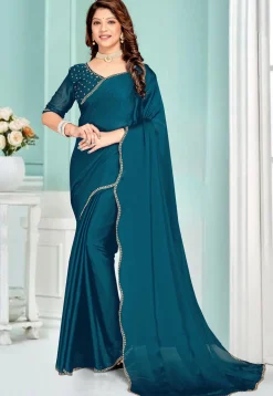 Embellished Chiffon Saree in Teal Blue