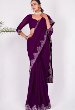 Embellished Chiffon Saree in Wine