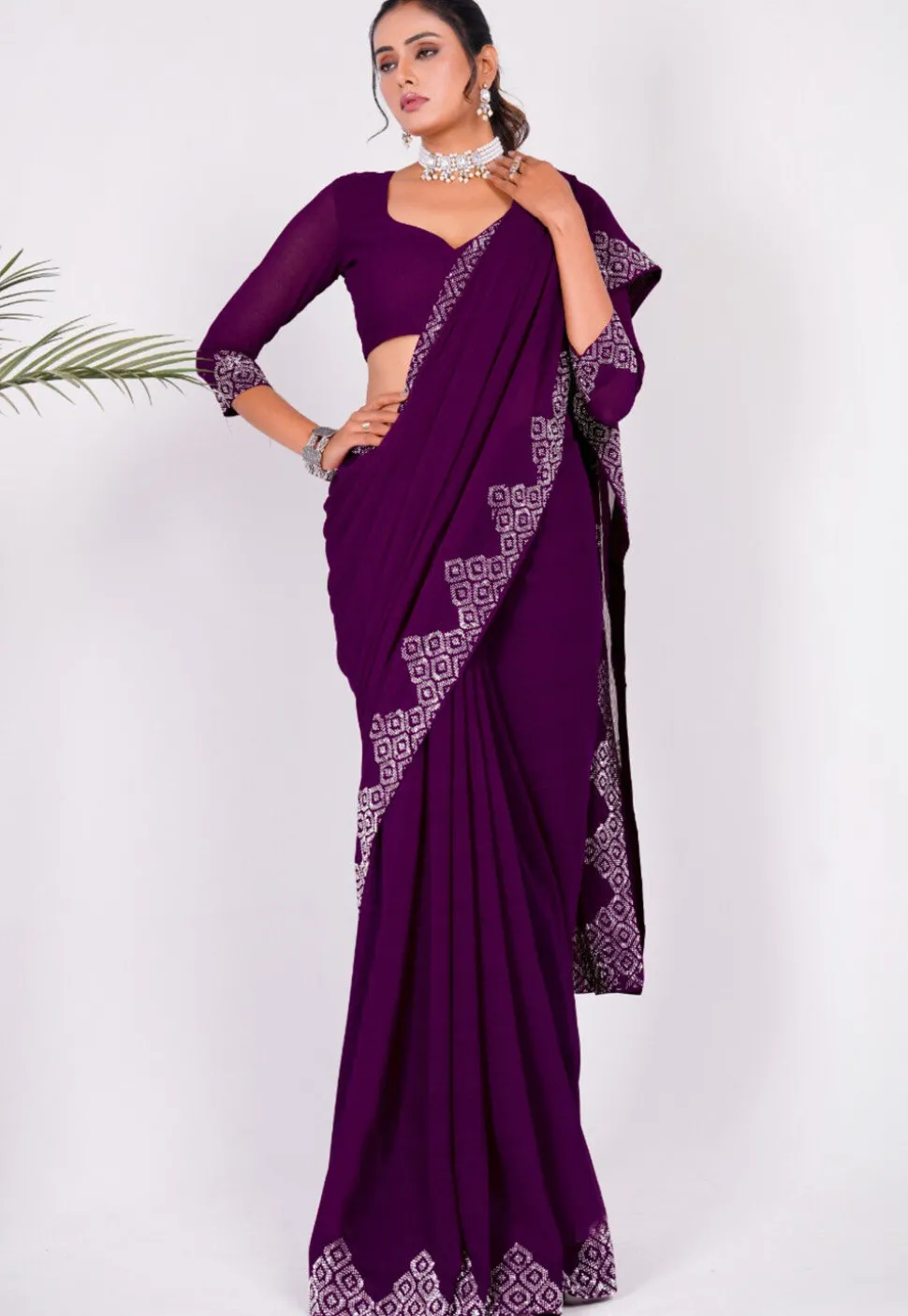 Embellished Chiffon Saree in Wine