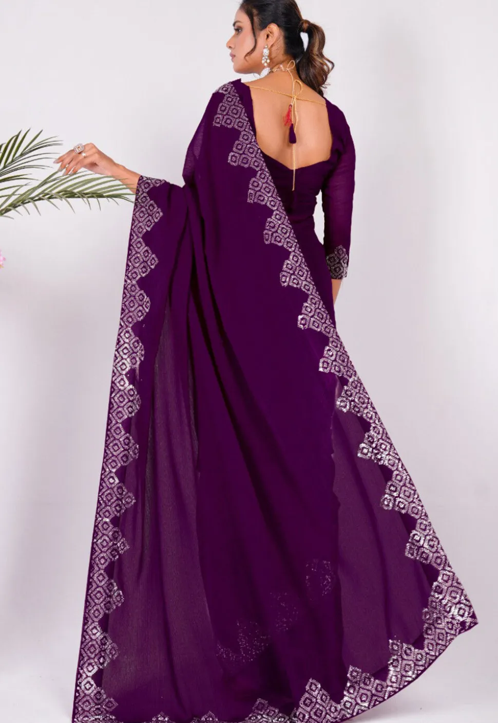 Embellished Chiffon Saree in Wine