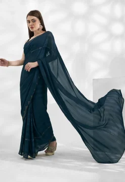 Embellished Chiffon Saree in Teal Blue
