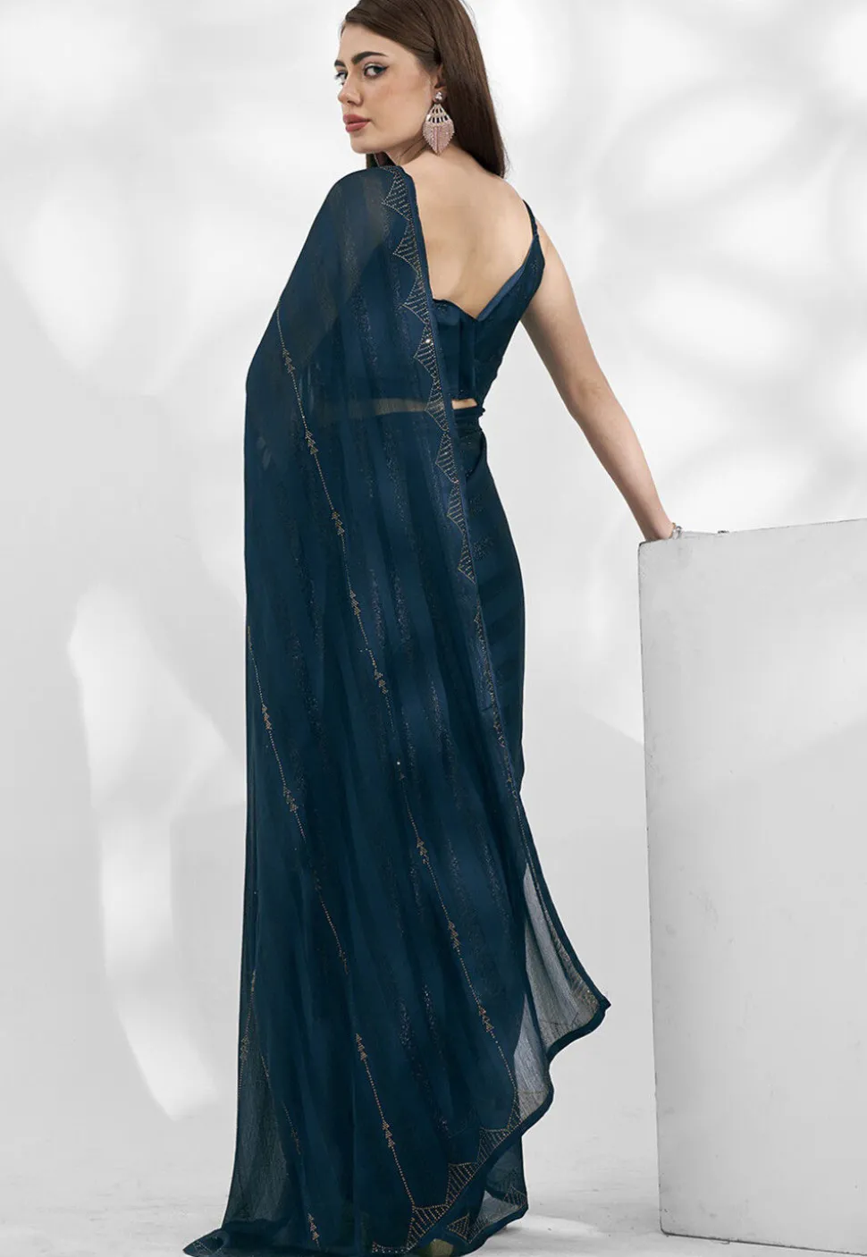 Embellished Chiffon Saree in Teal Blue
