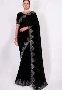 Embellished Chiffon Saree in Black