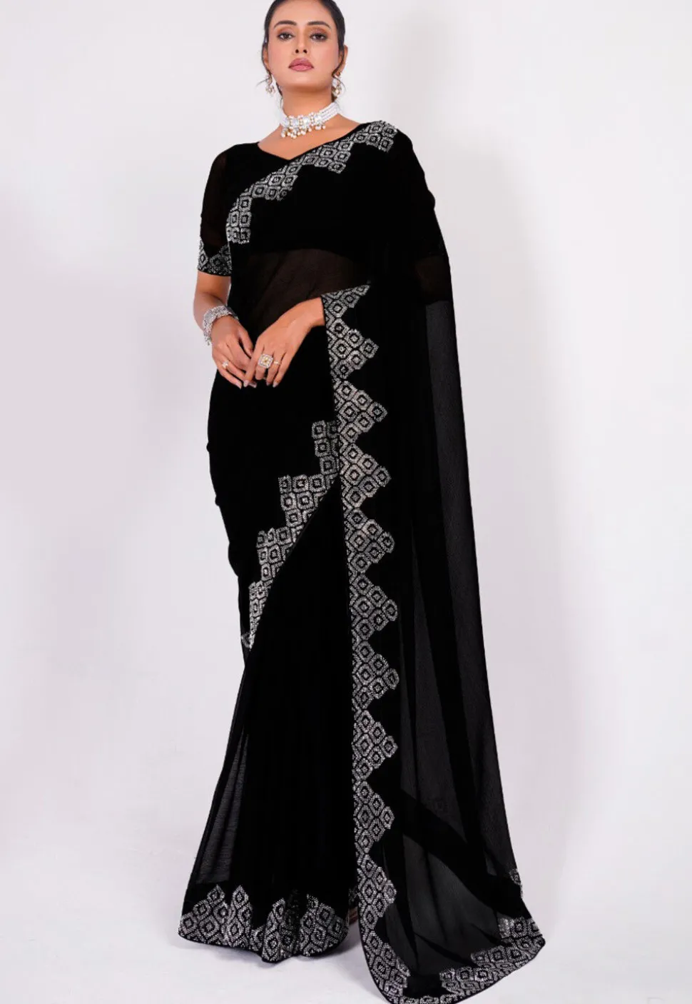 Embellished Chiffon Saree in Black