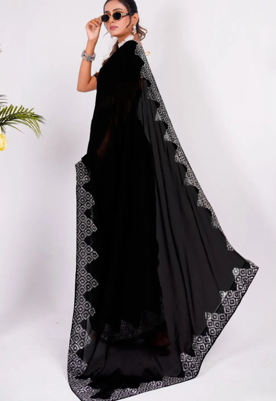Embellished Chiffon Saree in Black