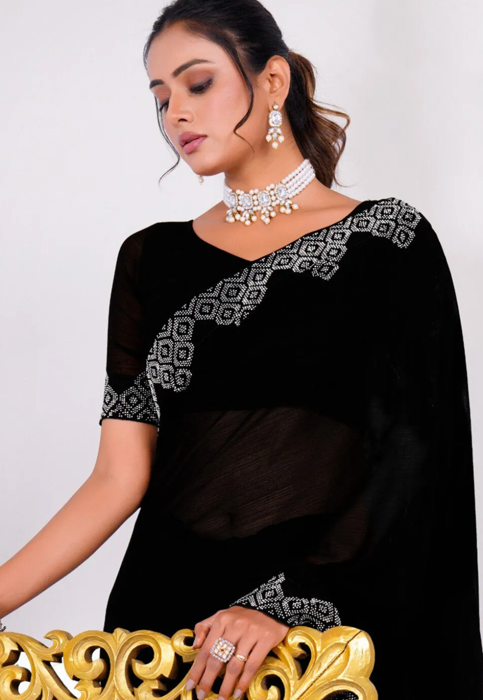 Embellished Chiffon Saree in Black