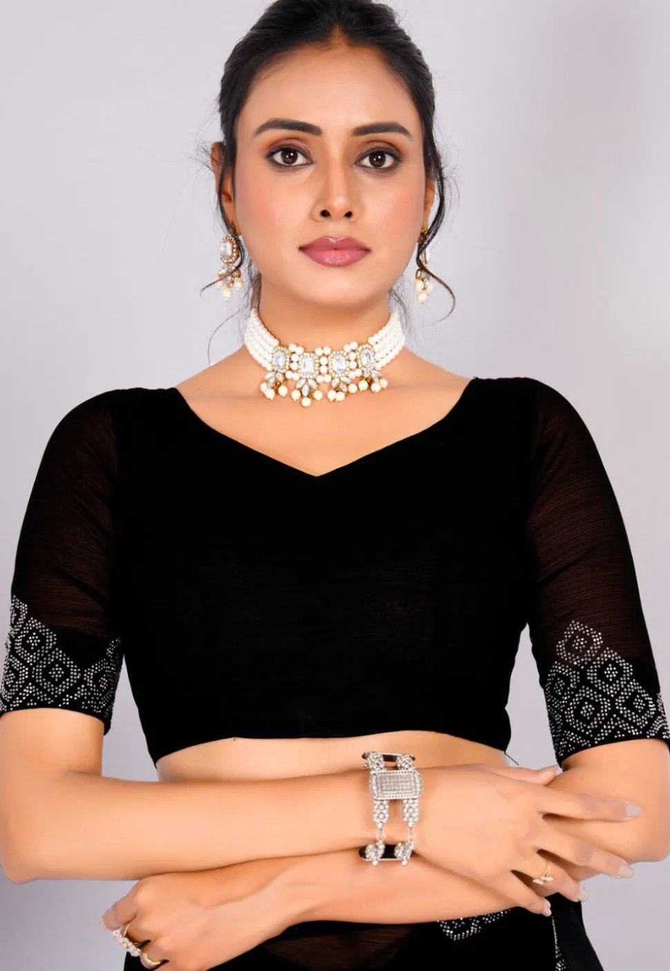 Embellished Chiffon Saree in Black