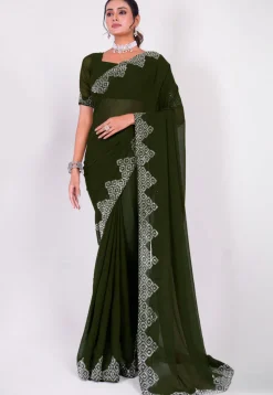 Embellished Chiffon Saree in Dark Green