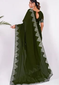 Embellished Chiffon Saree in Dark Green