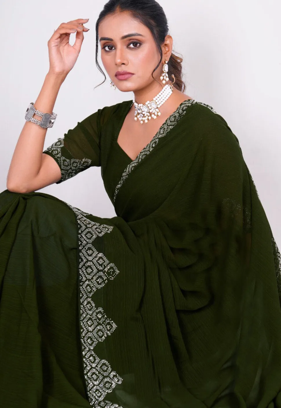 Embellished Chiffon Saree in Dark Green