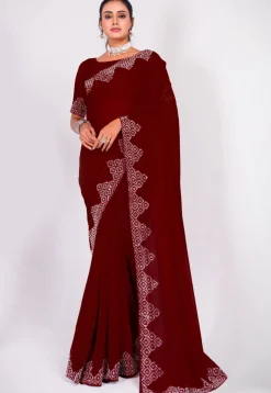 Embellished Chiffon Saree in Maroon