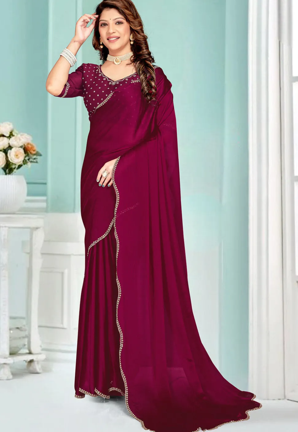 Embellished Chiffon Saree in Purple