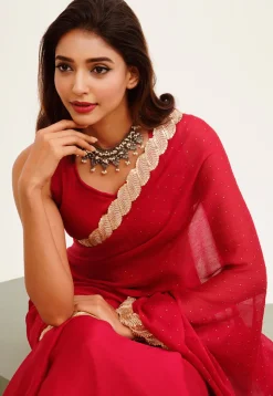 Embellished Chiffon Scalloped Saree in Red