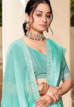 Embellished Chiffon Shimmer Saree in Turquoise