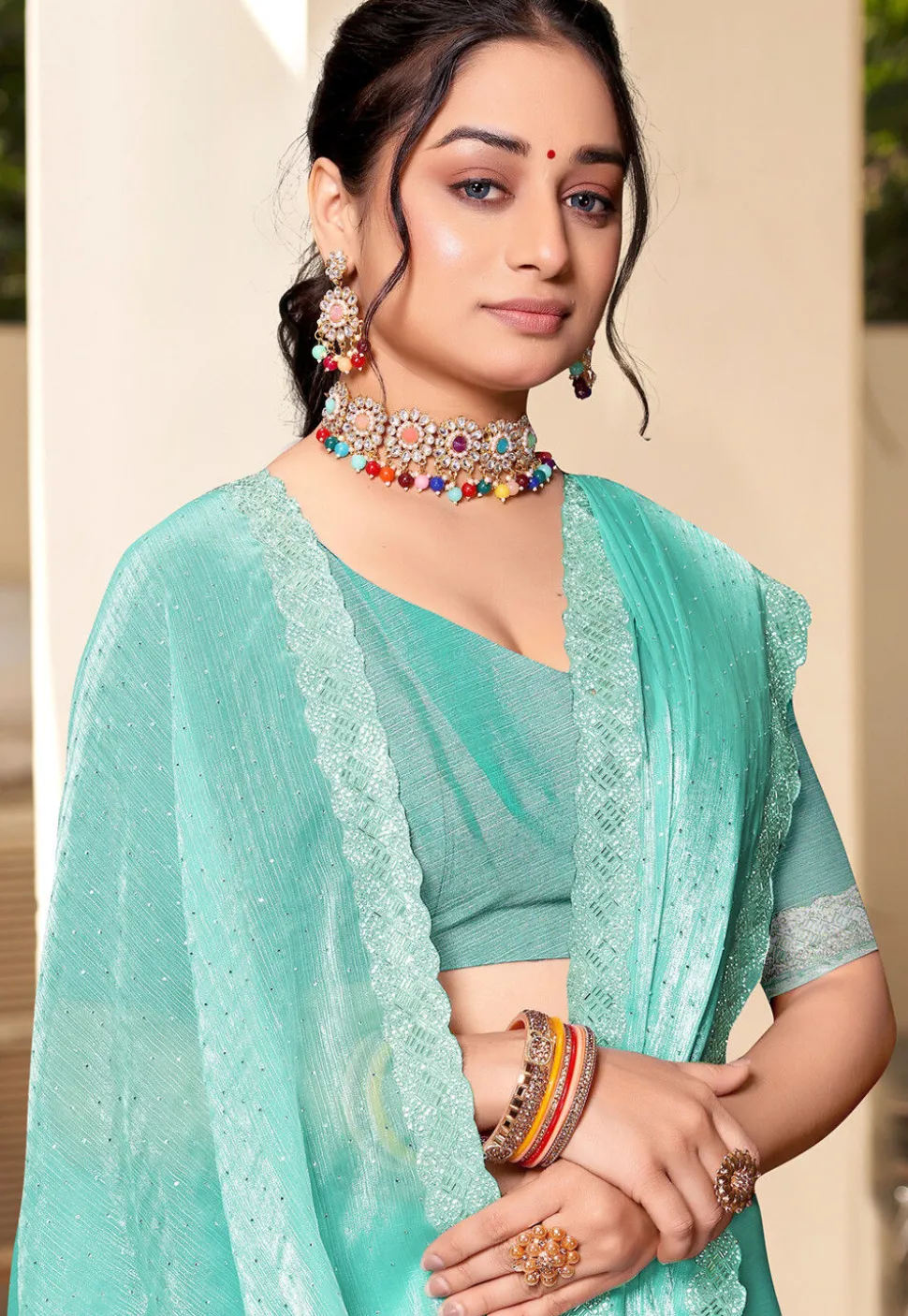 Embellished Chiffon Shimmer Saree in Turquoise