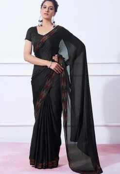Embellished Chinon Chiffon Saree in Black