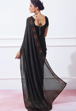 Embellished Chinon Chiffon Saree in Black