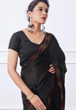 Embellished Chinon Chiffon Saree in Black