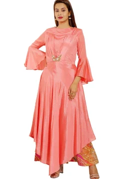 Embellished Chinon Crepe Asymmetric Dress in Peach