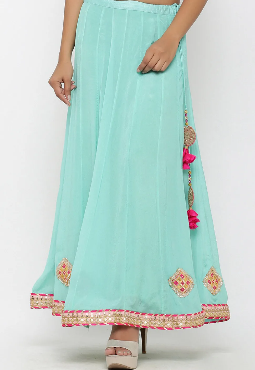 Embellished Chinon Crepe Long Skirt in Sea Green