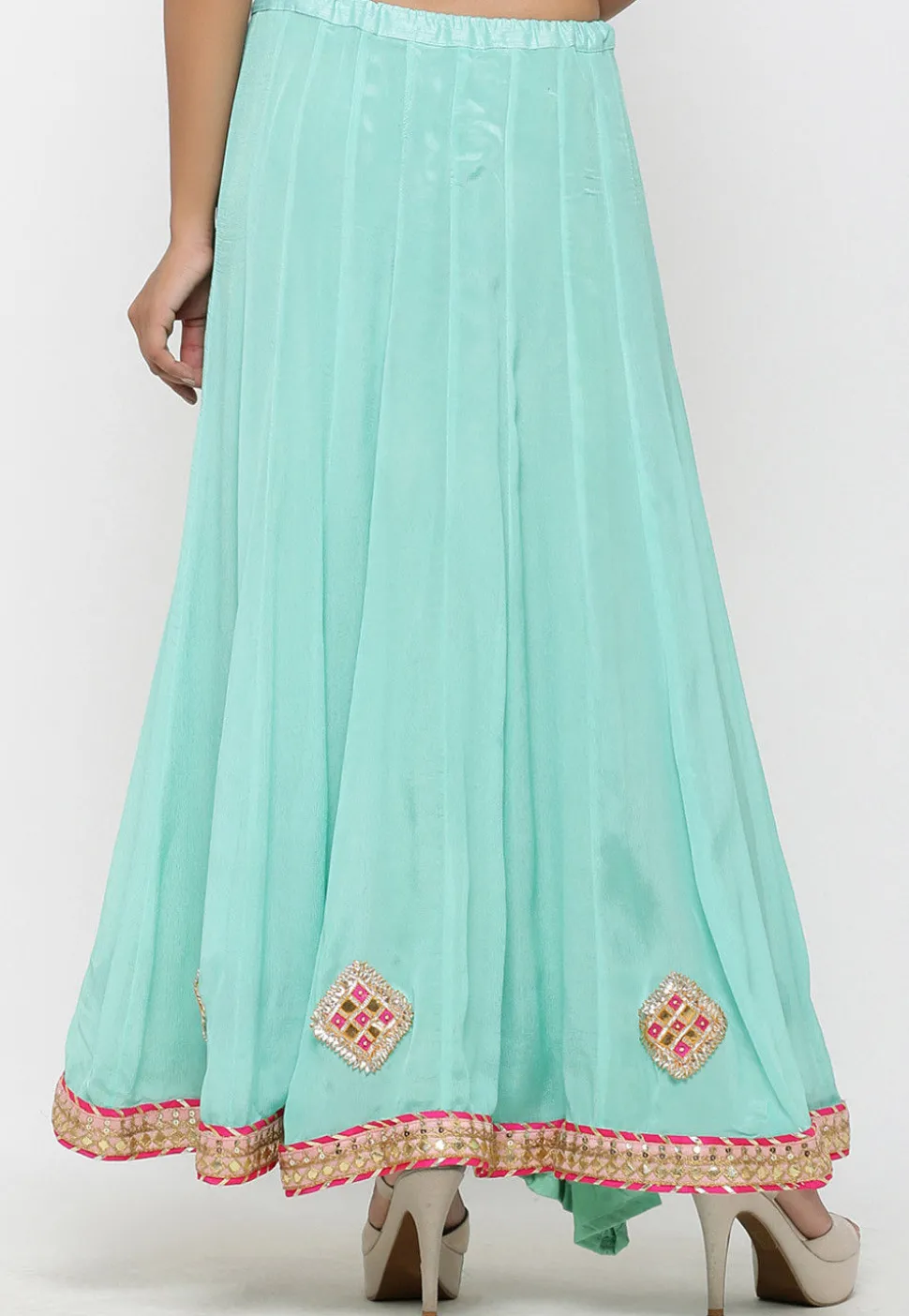 Embellished Chinon Crepe Long Skirt in Sea Green