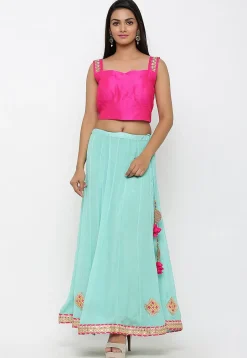 Embellished Chinon Crepe Long Skirt in Sea Green