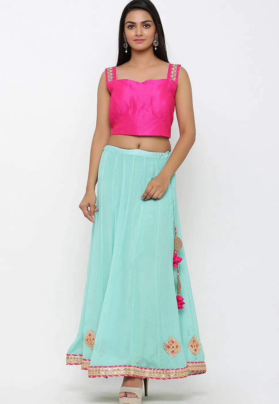 Embellished Chinon Crepe Long Skirt in Sea Green