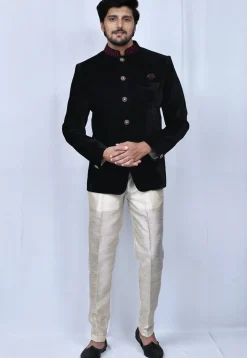Embellished Collar Velvet Jodhpuri Set in Black