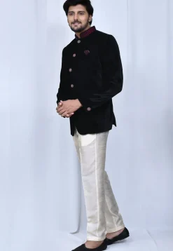 Embellished Collar Velvet Jodhpuri Set in Black