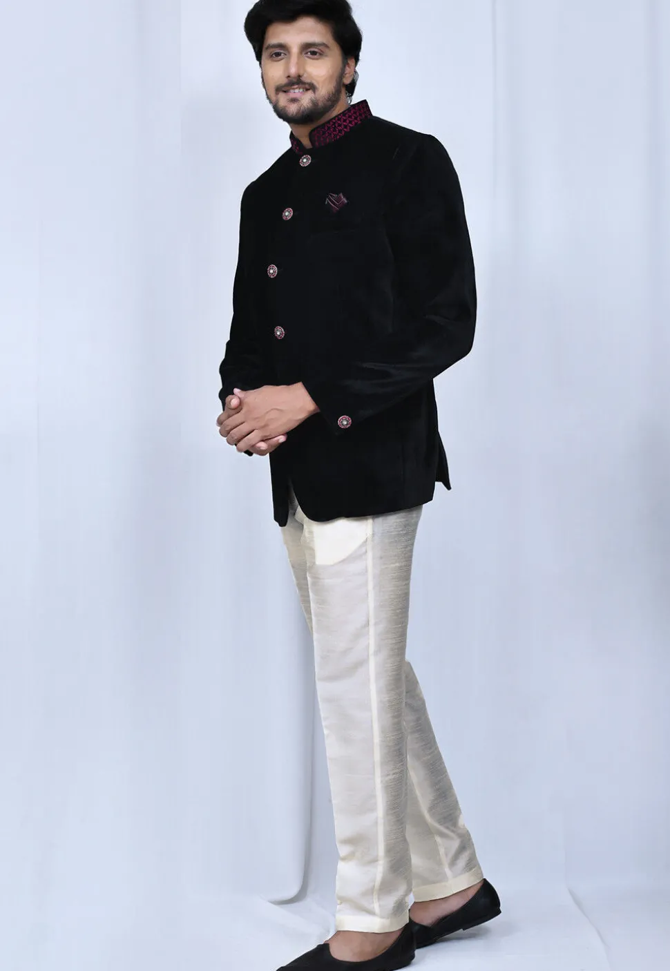 Embellished Collar Velvet Jodhpuri Set in Black