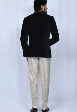 Embellished Collar Velvet Jodhpuri Set in Black