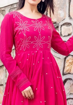 Embellished Cotton A Line Kurta Set in Fuchsia