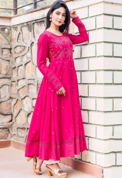 Embellished Cotton A Line Kurta Set in Fuchsia