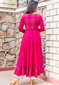 Embellished Cotton A Line Kurta Set in Fuchsia