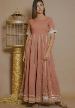 Embellished Cotton Anarkali Kurta in Peach