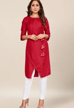 Embellished Cotton Asymmetric Kurta in Maroon