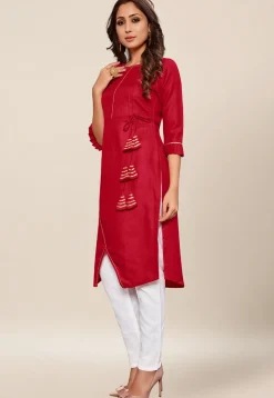 Embellished Cotton Asymmetric Kurta in Maroon