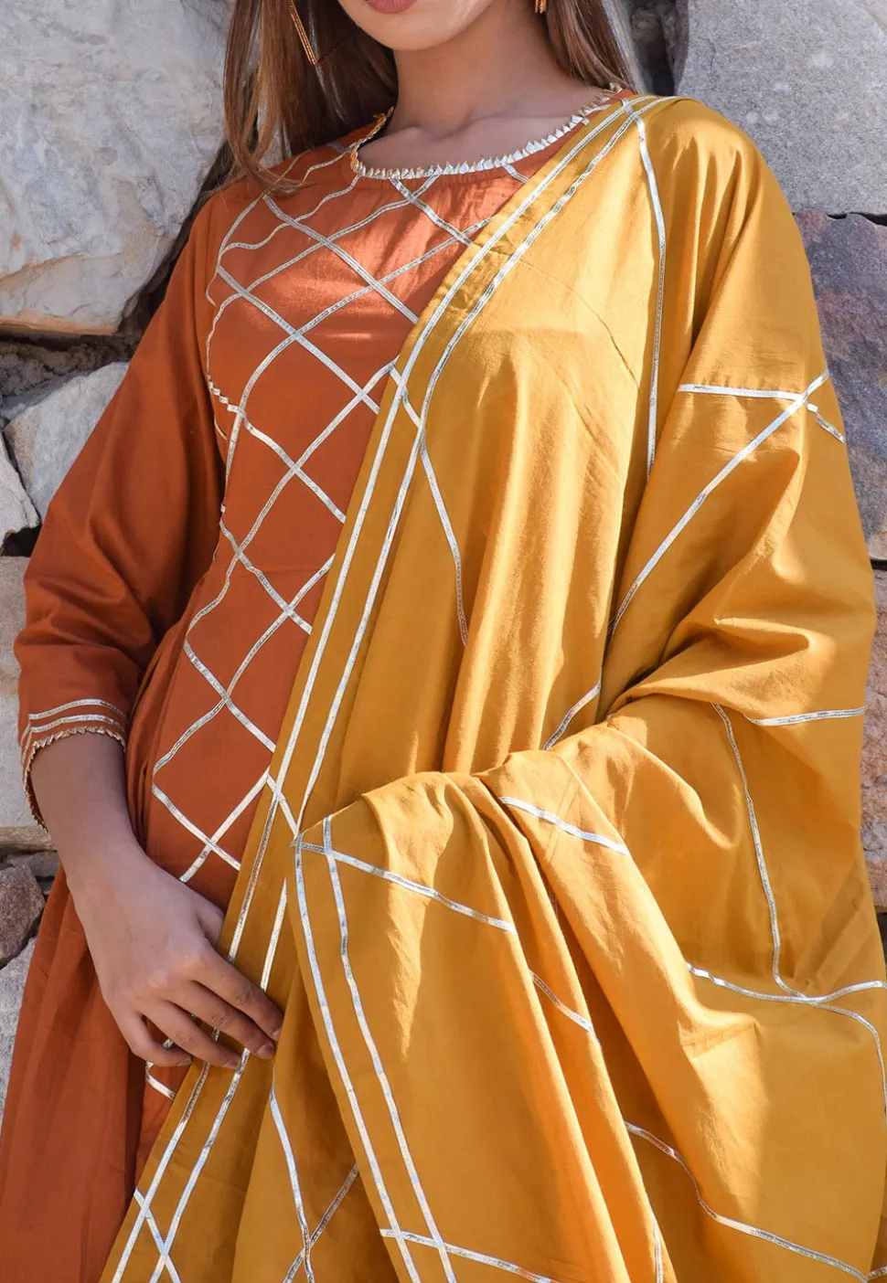 Embellished Cotton Pakistani Suit in Brown