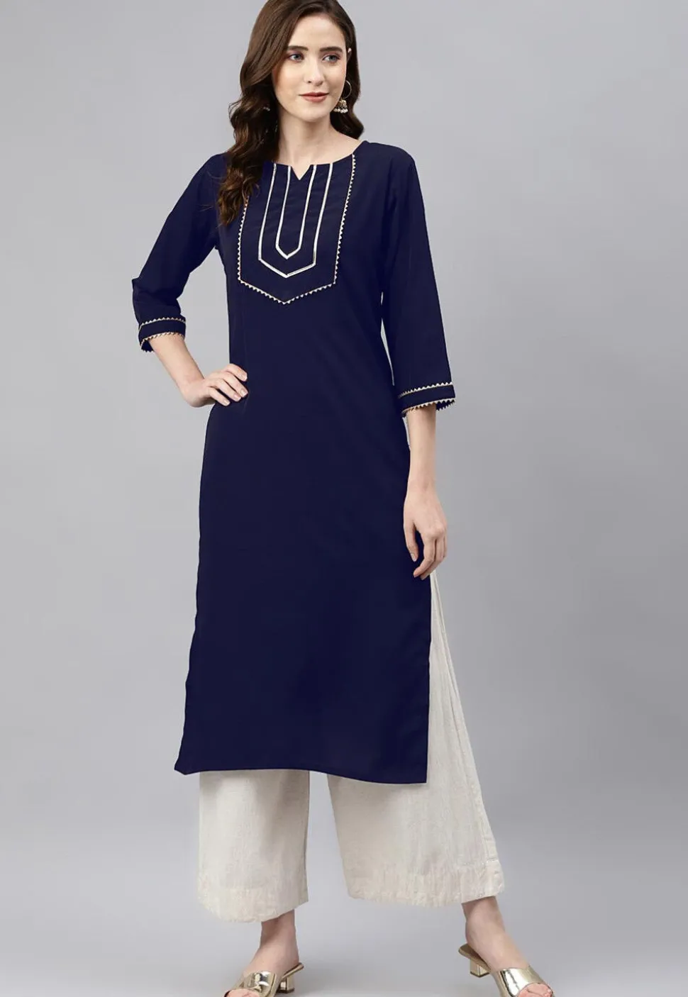 Embellished Cotton Rayon Straight Kurta in Navy Blue