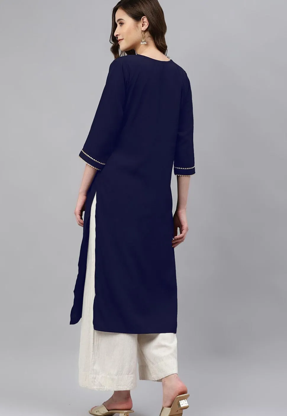 Embellished Cotton Rayon Straight Kurta in Navy Blue