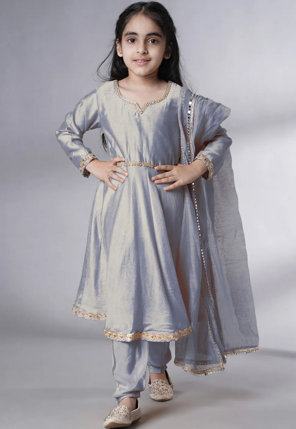 Embellished Cotton Silk A Line Suit in Grey