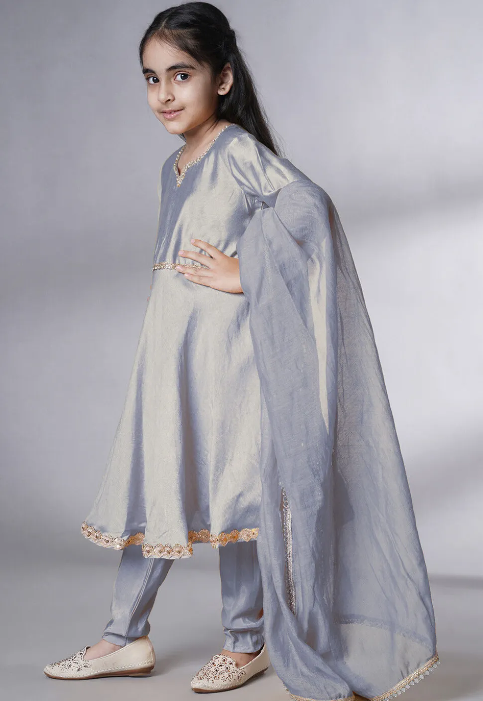 Embellished Cotton Silk A Line Suit in Grey