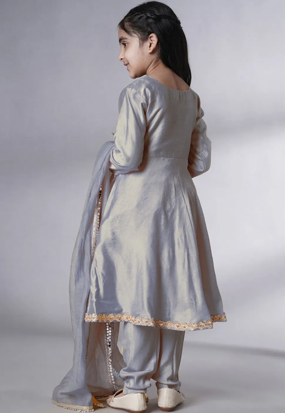 Embellished Cotton Silk A Line Suit in Grey
