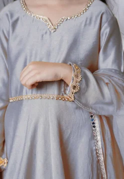 Embellished Cotton Silk A Line Suit in Grey